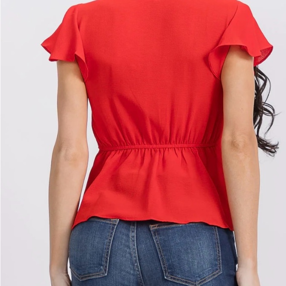 #215 WOMEN'S SHORT SLEEVE SURPLICE SELF TIE PEPLUM BLOUSE - Picture 4 of 4